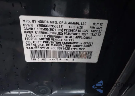 2012 Honda Pilot Touring z USA, uszkodzony, nr VIN 5FNYF3H98CB029628